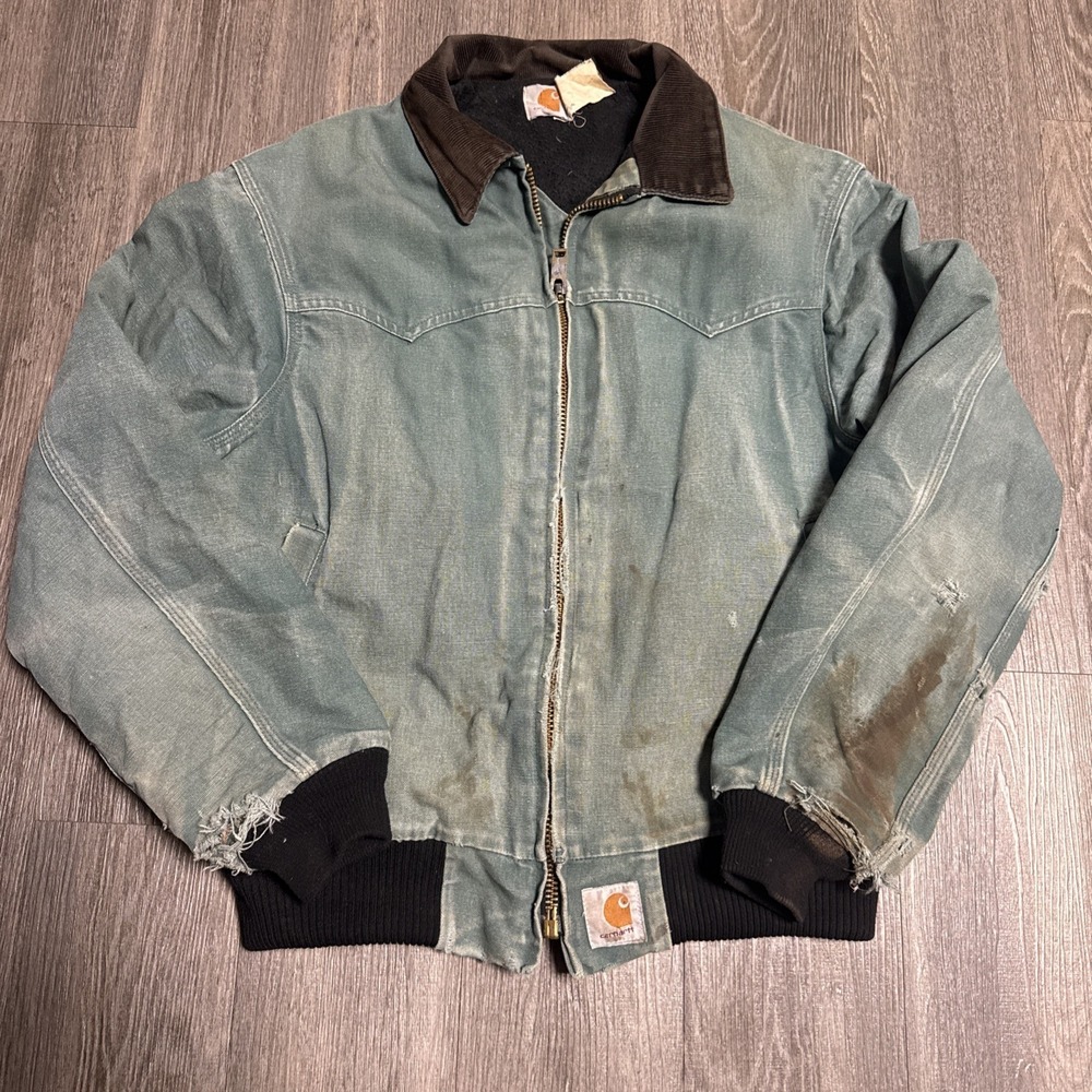 Carhartt Teal Santa Fe Mens L Blue Quilt Lined Zip Bomber Jacket Thrashed